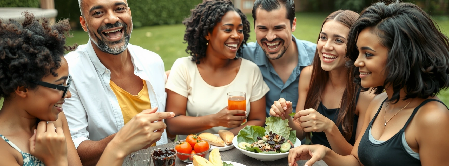 Groupe de personnes souriantes partageant un repas sain