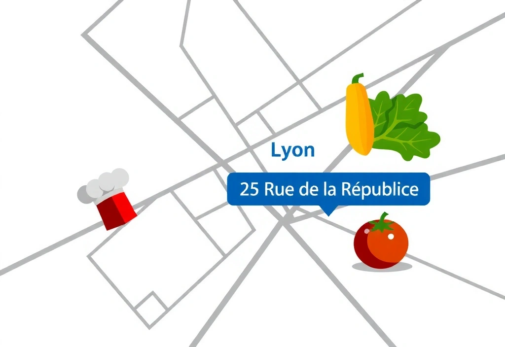 Carte stylisée de Lyon avec l'adresse de Lyonchef mise en évidence
