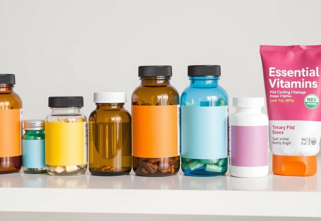 Vitamines essentielles en bouteilles colorées
