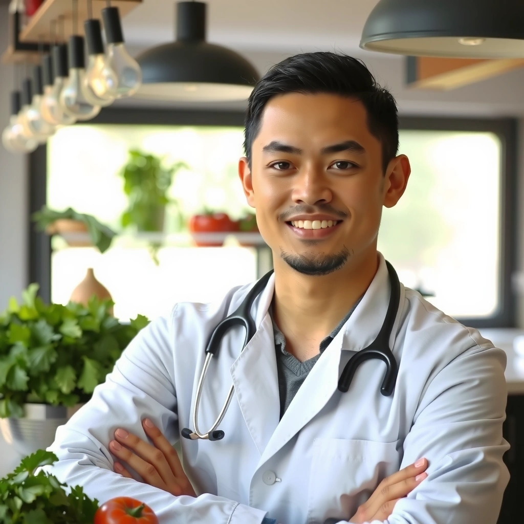 Portrait d'un agronome expert de Lyonchef, souriant et entouré d'ingrédients naturels